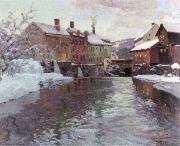 Frits Thaulow snow covered buildings by a river Sweden oil painting artist